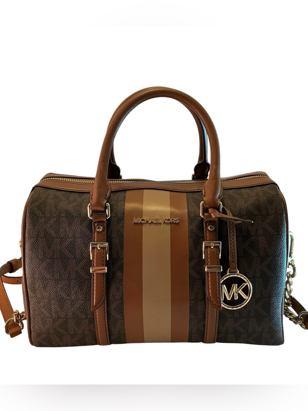 Michael Kors Bedford Legacy Brown/Tan Duffle Satchel Bag Center Stripe, Handbag